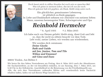 Traueranzeige von Reinhold Hermeler von Münstersche Zeitung und Münsterland Zeitung