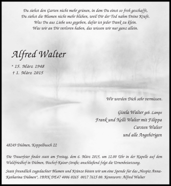 Traueranzeige von Alfred Walter von Ruhr Nachrichten und Halterner Zeitung