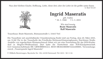 Traueranzeige von Ingrid Maseratis von Ruhr Nachrichten