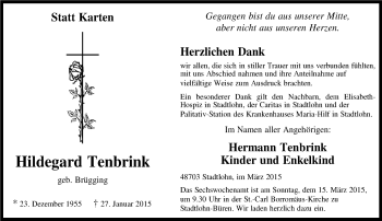 Traueranzeige von Hildegard Tenbrink von Münstersche Zeitung und Münsterland Zeitung