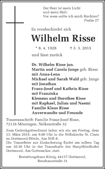 Traueranzeige von Wilhelm Risse von Ruhr Nachrichten