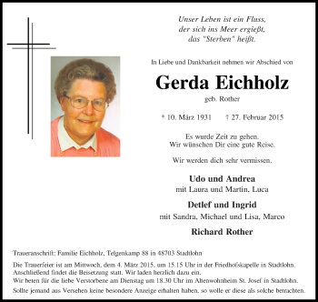 Traueranzeige von Gerda Eichholz von Münstersche Zeitung und Münsterland Zeitung