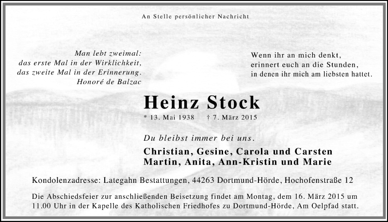  Traueranzeige für Heinz Stock vom 14.03.2015 aus Ruhr Nachrichten