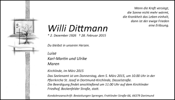Traueranzeige von Willi Dittmann von Ruhr Nachrichten