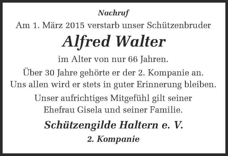  Traueranzeige für Alfred Walter vom 07.03.2015 aus Ruhr Nachrichten und Halterner Zeitung