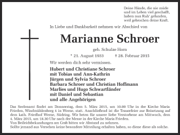 Traueranzeige von Marianne Schroer von Ruhr Nachrichten