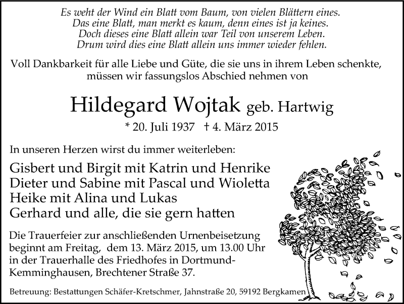  Traueranzeige für Hildegard Wojtak vom 07.03.2015 aus Ruhr Nachrichten