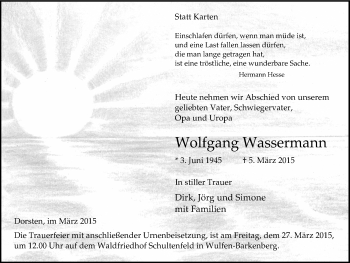 Traueranzeige von Wolfgang Wassermann von Ruhr Nachrichten und Dorstener Zeitung