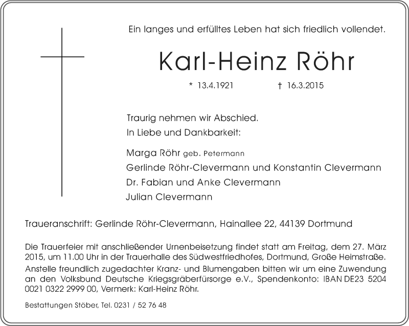  Traueranzeige für Karl-Heinz Röhr vom 21.03.2015 aus Ruhr Nachrichten