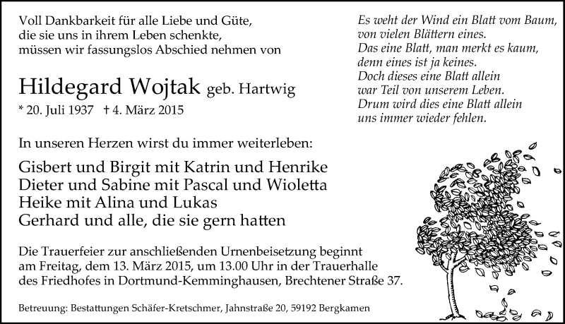  Traueranzeige für Hildegard Wojtak vom 07.03.2015 aus Ruhr Nachrichten