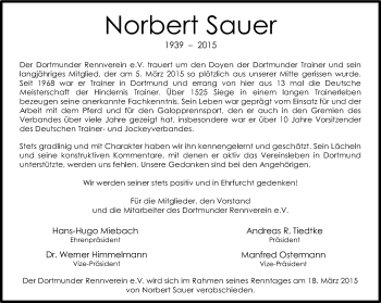 Traueranzeige von Norbert Sauer von Ruhr Nachrichten