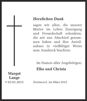 Traueranzeige von Margot Lange von Ruhr Nachrichten