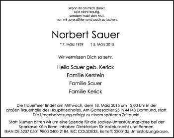 Traueranzeige von Norbert Sauer von Ruhr Nachrichten