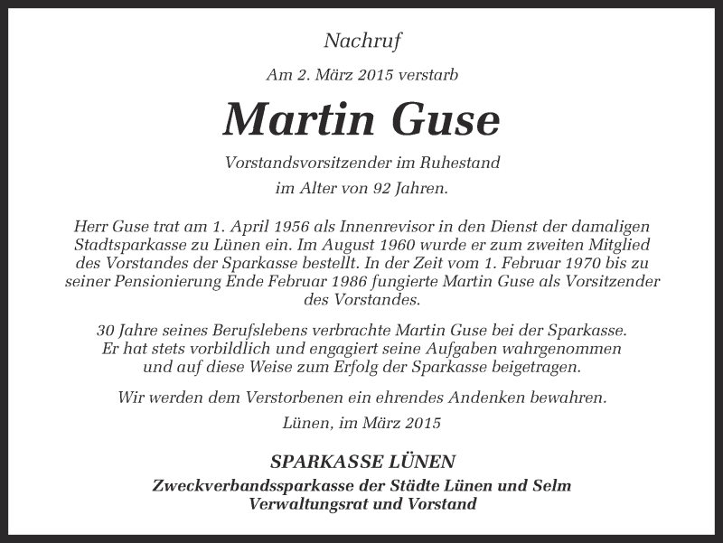  Traueranzeige für Martin Guse vom 05.03.2015 aus Ruhr Nachrichten
