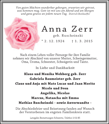 Traueranzeige von Anna Zerr von Ruhr Nachrichten
