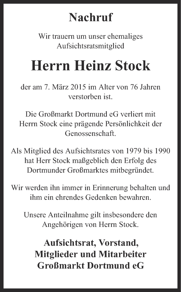  Traueranzeige für Heinz Stock vom 14.03.2015 aus Ruhr Nachrichten