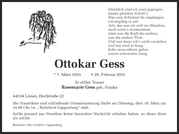 Traueranzeige von Ottokar Gess von Ruhr Nachrichten