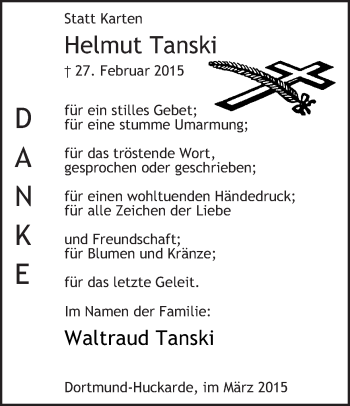 Traueranzeige von Helmut Tanski von Ruhr Nachrichten
