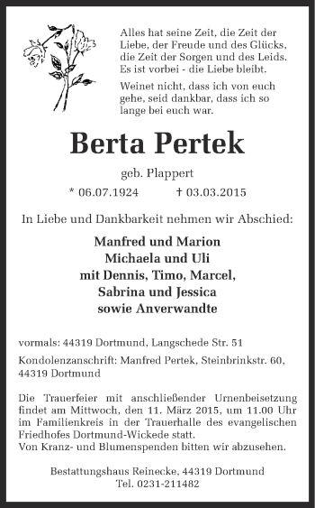 Traueranzeige von Berta Pertek von Ruhr Nachrichten