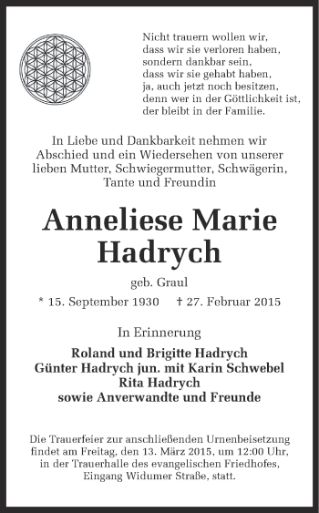 Traueranzeige von Anneliese Marie Hadrych von Ruhr Nachrichten