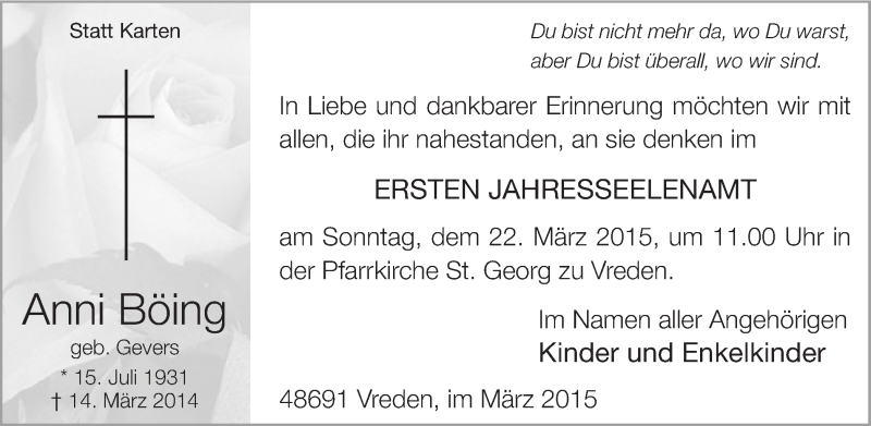  Traueranzeige für Anni Böing vom 18.03.2015 aus Münstersche Zeitung und Münsterland Zeitung