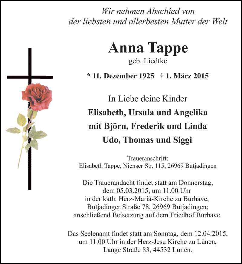  Traueranzeige für Anna Tappe vom 04.03.2015 aus Ruhr Nachrichten