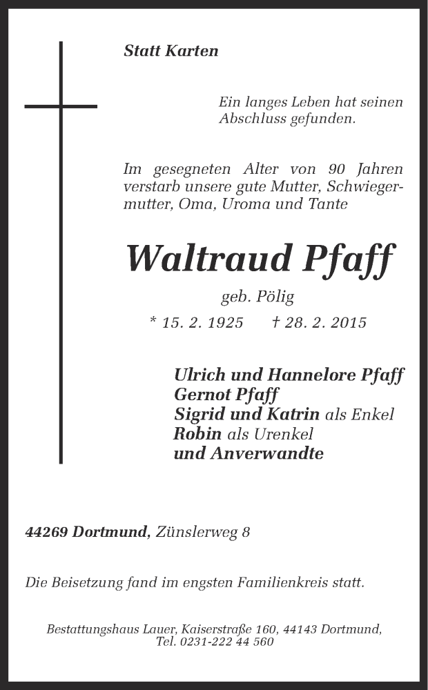  Traueranzeige für Waltraud Pfaff vom 18.03.2015 aus Ruhr Nachrichten