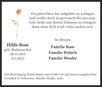 Traueranzeige von Hilde Bose von Ruhr Nachrichten