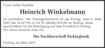 Traueranzeige von Heinrich Winkelmann von Münstersche Zeitung und Münsterland Zeitung