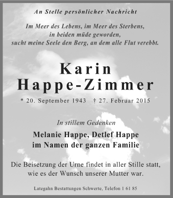 Traueranzeige von Karin Happe-Zimmer von Ruhr Nachrichten