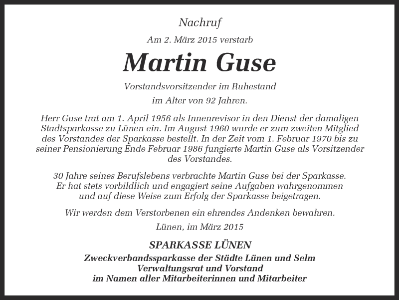  Traueranzeige für Martin Guse vom 06.03.2015 aus Ruhr Nachrichten