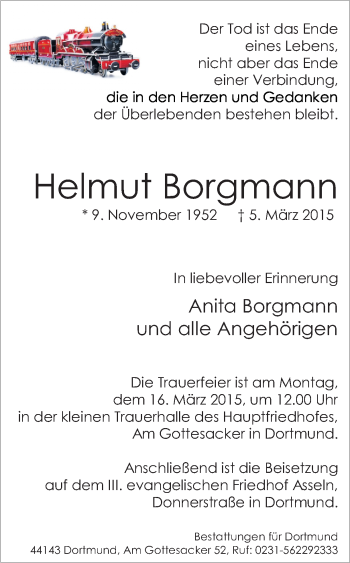 Traueranzeige von Helmut Borgmann von Ruhr Nachrichten