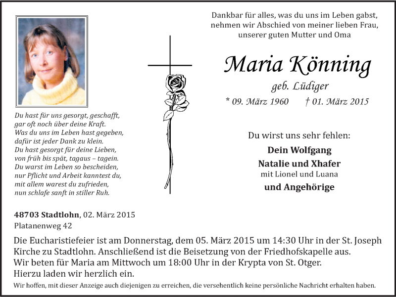  Traueranzeige für Maria Könning vom 03.03.2015 aus Münstersche Zeitung und Münsterland Zeitung