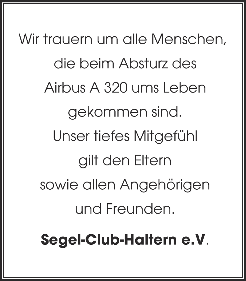  Traueranzeige für Opfer des  Flugzeugabsturzes vom 24.03.2015 vom 31.03.2015 aus Ruhr Nachrichten und Halterner Zeitung