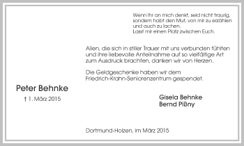 Traueranzeige von Peter Behnke von Ruhr Nachrichten