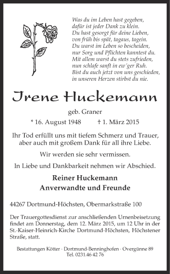 Traueranzeige von Irene Huckemann von Ruhr Nachrichten