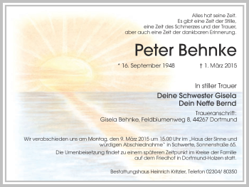 Traueranzeige von Peter Behnke von Ruhr Nachrichten