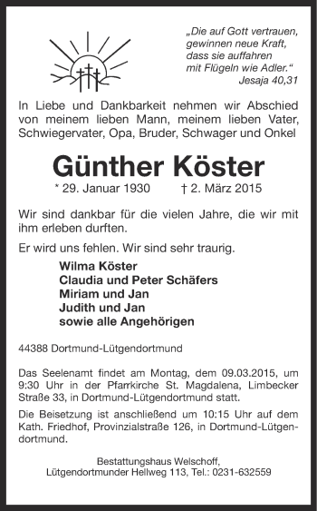 Traueranzeige von Günther Köster von Ruhr Nachrichten