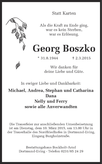 Traueranzeige von Georg Boszko von Ruhr Nachrichten
