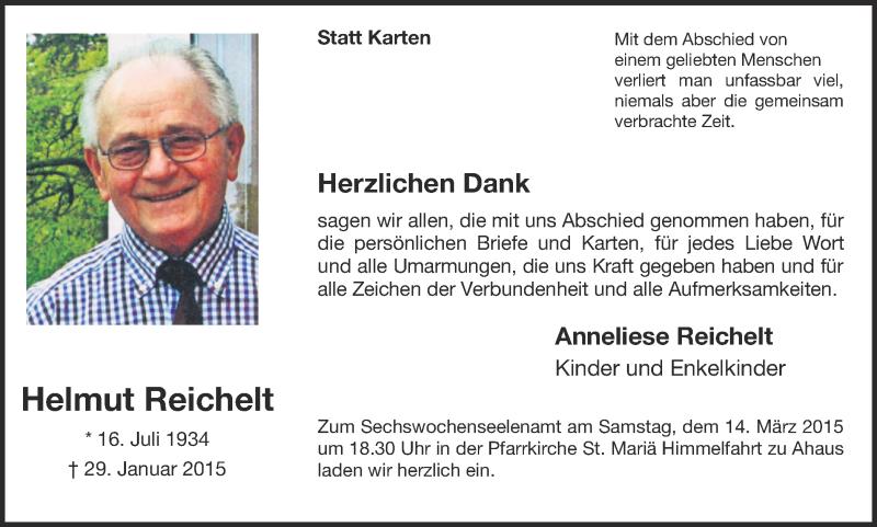 Traueranzeige für Helmut Reichelt vom 11.03.2015 aus Münstersche Zeitung und Münsterland Zeitung