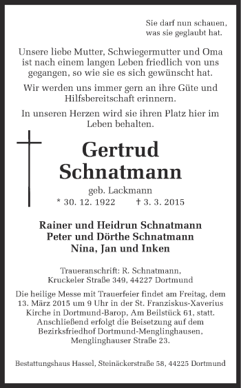 Traueranzeige von Gertrud Schnatmann von Ruhr Nachrichten