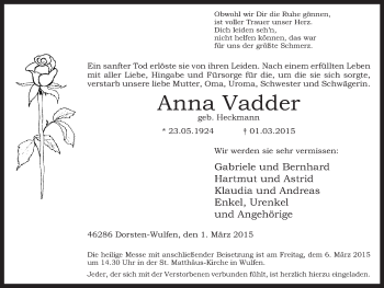 Traueranzeige von Anna Vadder von Ruhr Nachrichten und Dorstener Zeitung