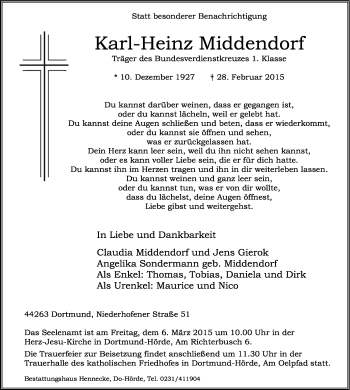 Traueranzeige von Karl-Heinz Middendorf von Ruhr Nachrichten
