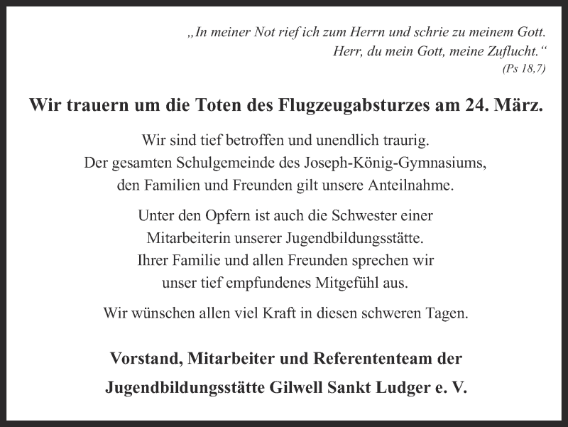  Traueranzeige für Opfer des  Flugzeugabsturzes vom 24.03.2015 vom 28.03.2015 aus Ruhr Nachrichten und Halterner Zeitung
