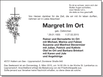 Traueranzeige von Margret Im Ort von Ruhr Nachrichten und Halterner Zeitung