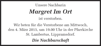 Traueranzeige von Margret Im Ort von Ruhr Nachrichten und Halterner Zeitung