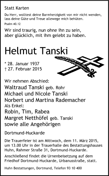 Traueranzeige von Helmut Tanski von Ruhr Nachrichten