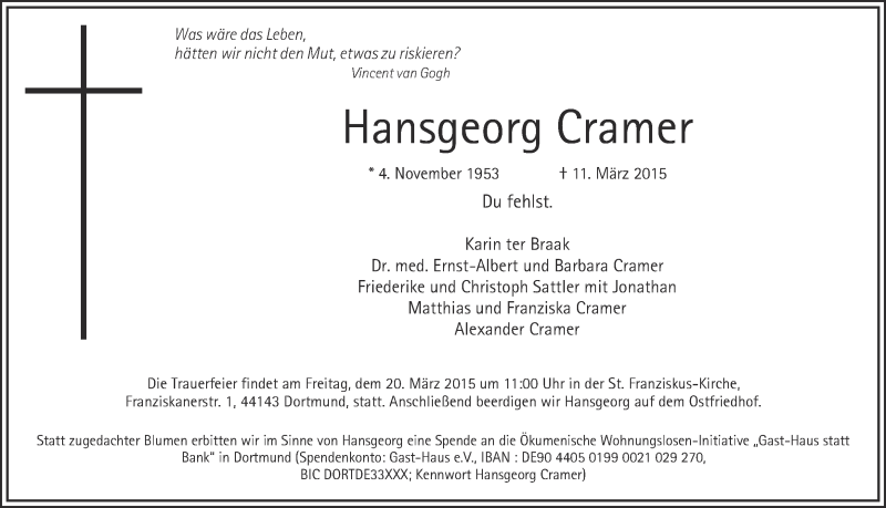  Traueranzeige für Hansgeorg Cramer vom 18.03.2015 aus Ruhr Nachrichten