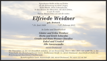 Traueranzeige von Elfriede Weidner von Ruhr Nachrichten