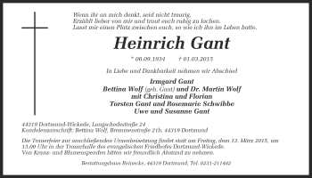 Traueranzeige von Heinrich Gant von Ruhr Nachrichten